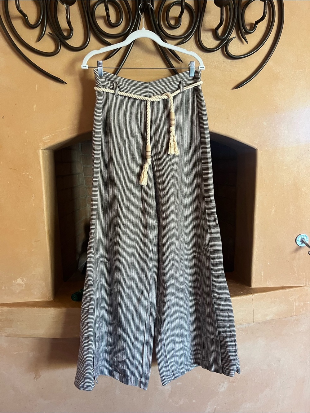 Anthropologie  Wide Leg Striped Linen Pants with Rope Belt - Taupe/White